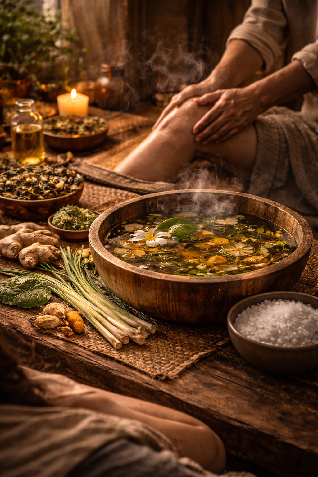 การแช่น้ำสมุนไพรและการนวดแผนไทย